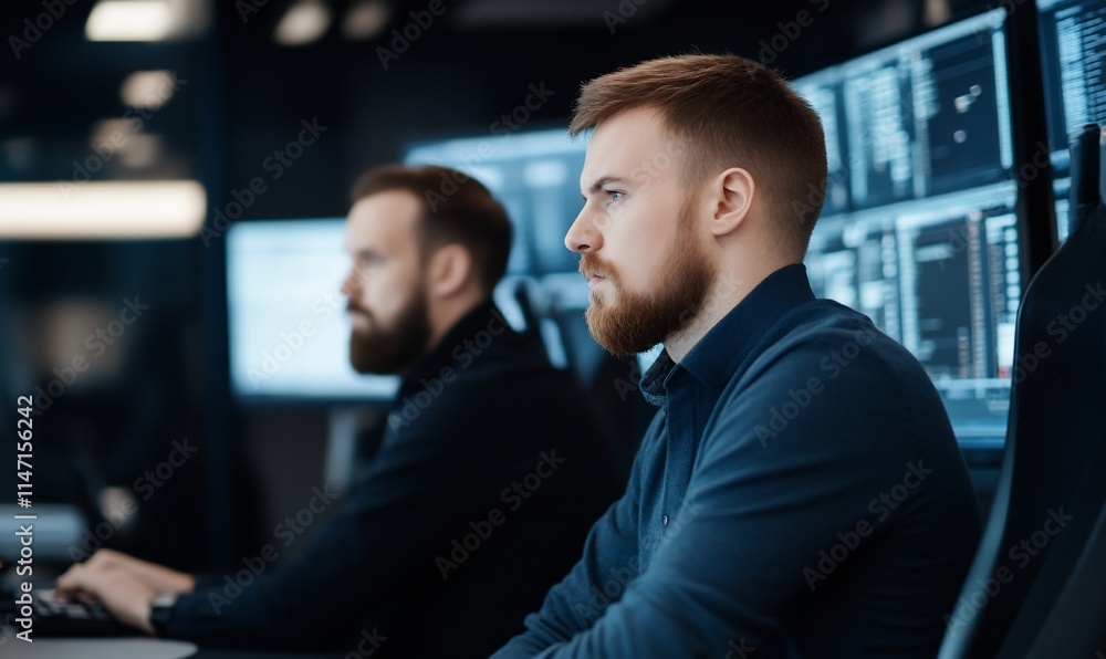 Two individuals focused on computer screens in a tech environment. Two individuals focused on computer screens in a tech environment.
