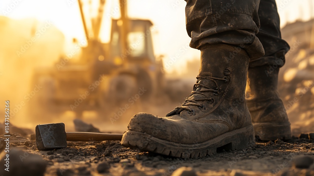 Close-up of dirty work boots on construction site at sunset. Close-up of dirty work boots on construction site at sunset.