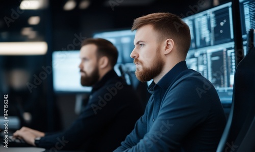 Two individuals focused on computer screens in a tech environment.