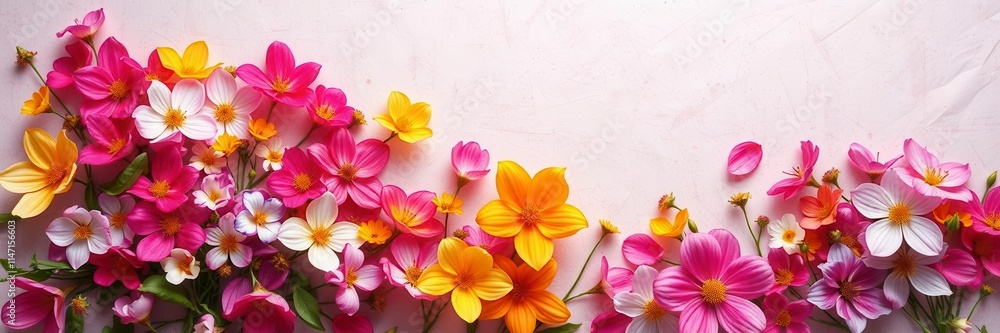 Vibrant spring flowers like tulips and daisies arranged on a textured paper background, colorful, blossoms, petals Vibrant spring flowers like tulips and daisies arranged on a textured paper background, colorful, blossoms, petals