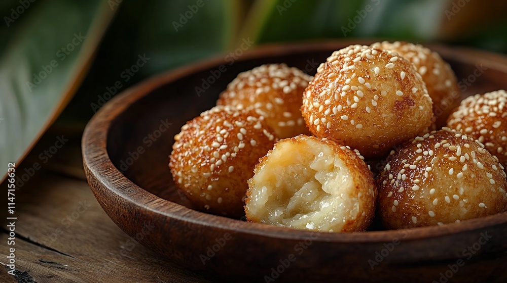 Close-up of sesame seed balls in a wooden bowl. Close-up of sesame seed balls in a wooden bowl.