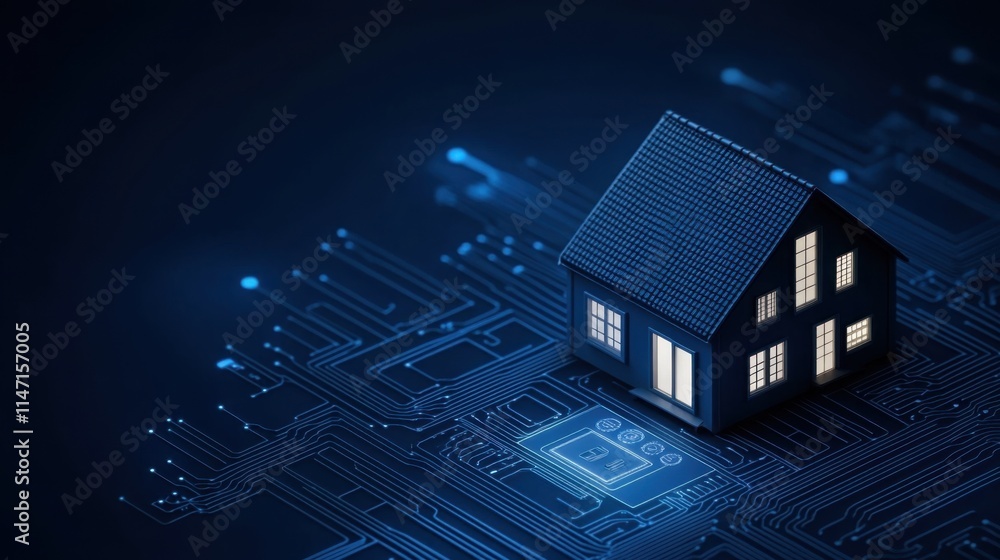 Naklejka premium Concept of Smart Home Technology with House Model on Digital Circuit Background with Blue Glow Effects