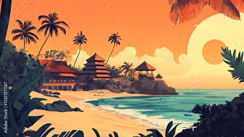 Illustration Of A Travel Poster For A Trip To Bali Island, Generative AI