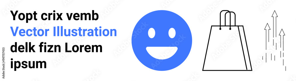 Text with a blue happy face emoticon, shopping bag outline, and upward arrows. Ideal for business success, growth, positive experience, customer satisfaction, shopping, marketing strategies Text with a blue happy face emoticon, shopping bag outline, and upward arrows. Ideal for business success, growth, positive experience, customer satisfaction, shopping, marketing strategies