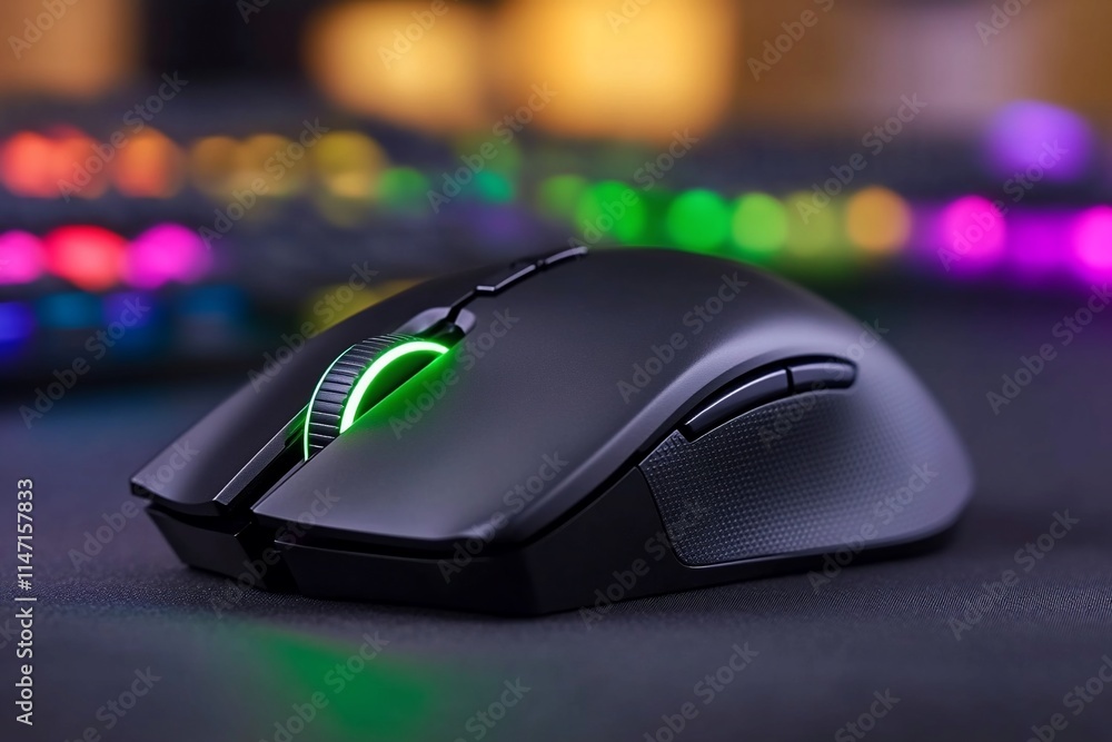 A sleek gaming mouse with RGB lighting and ergonomic design. A sleek gaming mouse with RGB lighting and ergonomic design.