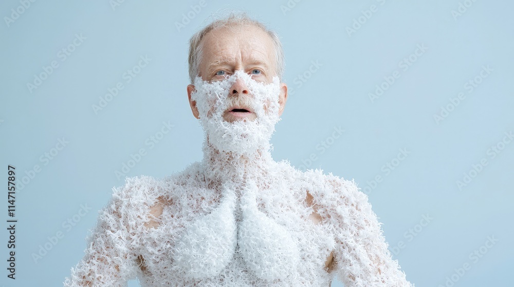 Elderly man covered in white fluffy substance, distressed expression. Elderly man covered in white fluffy substance, distressed expression.