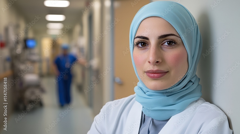 Confident Middle-Eastern Female Doctor in Hospital Corridor with Colleague Confident Middle-Eastern Female Doctor in Hospital Corridor with Colleague