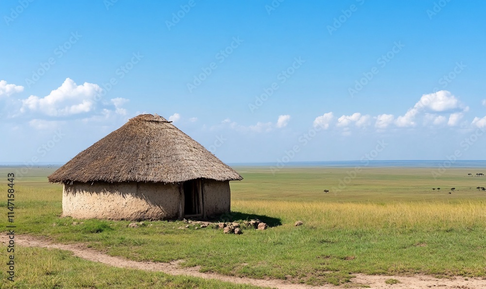 A traditional thatched hut on a vast grassy landscape under blue skies. A traditional thatched hut on a vast grassy landscape under blue skies.