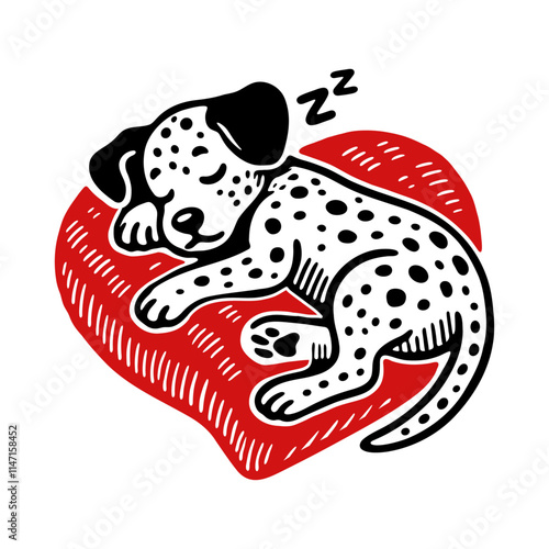 cute sleeping dalmatian dog on a heart-shaped pillow, cartoon illustration