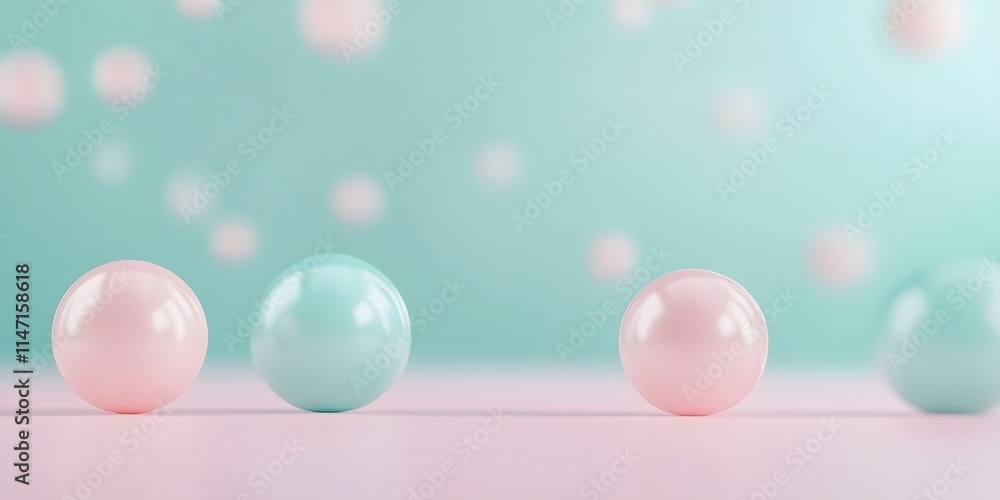 Three pastel spheres on a pink surface against a teal background Three pastel spheres on a pink surface against a teal background