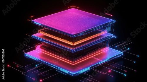 Futuristic layered tech chip glowing neon.