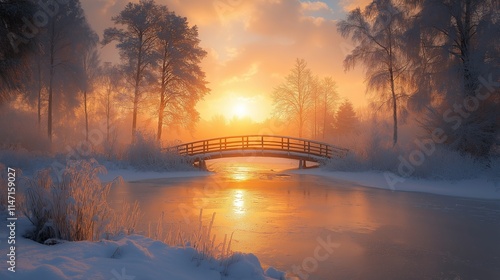 Tranquil winter sunrise over a frozen lake with a bridge and snow-covered trees, reflecting warm golden and orange hues
