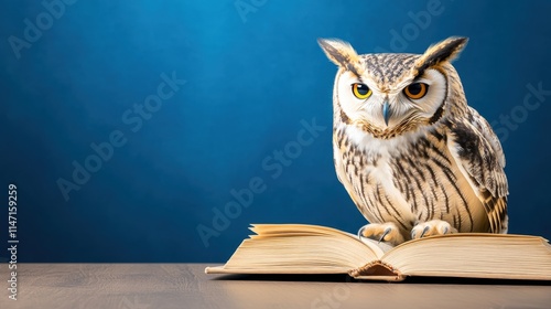 Wallpaper Mural Wise Owl With Intense Gaze Perched On Open Book In Front Of Deep Blue Background Torontodigital.ca