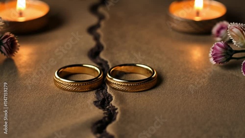 Symbolic representation of divorce with wedding rings and torn fabric, illuminated by candlelight