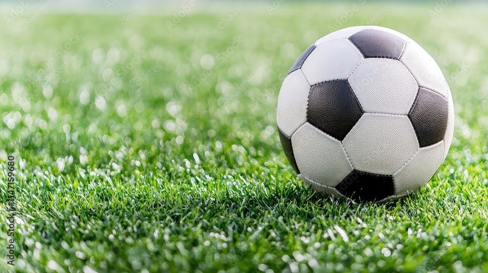 Fototapeta premium Classic black and white soccer ball resting on a lush green grass field with a soft blurred background.