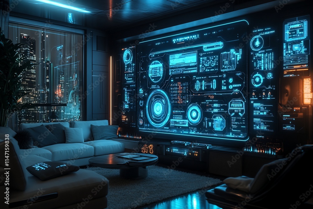 Futuristic smart home living room with interactive wall display. Futuristic smart home living room with interactive wall display.