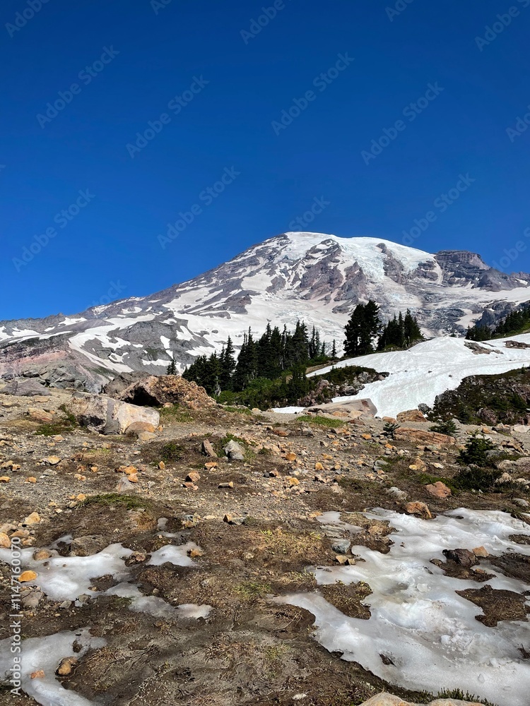 Mount Rainier with Snow Patches and Rocky Terrain II (Mount Rainier National Park, Washington, USA) Mount Rainier with Snow Patches and Rocky Terrain II (Mount Rainier National Park, Washington, USA)
