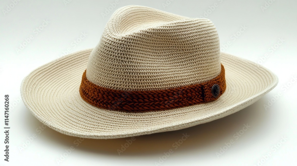 Cream straw hat with brown woven band. Cream straw hat with brown woven band.