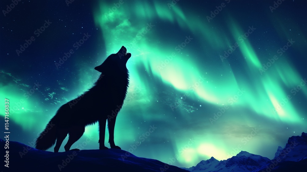 A lone wolf silhouetted against a vibrant aurora borealis, howling A lone wolf silhouetted against a vibrant aurora borealis, howling