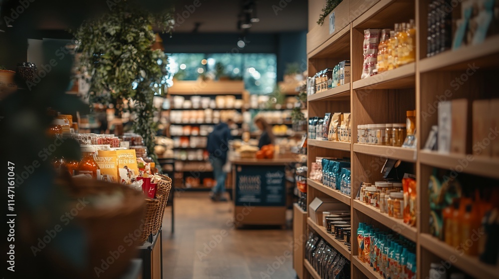 Interior of a grocery store with wooden shelves, displaying various food products. Customers are shopping in the background. Interior of a grocery store with wooden shelves, displaying various food products. Customers are shopping in the background.