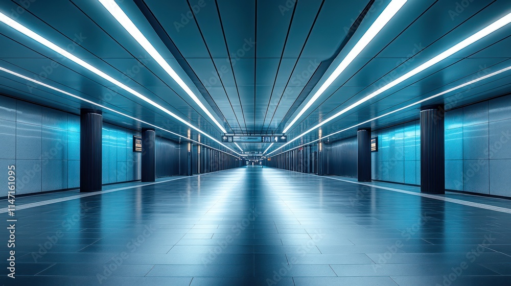 Futuristic blue subway tunnel with bright neon lights and reflective floor.