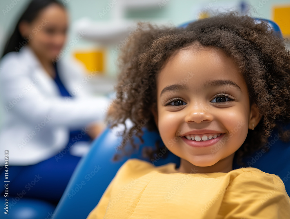 Happy child enjoying dental checkup at clinic with smiling professional in background Happy child enjoying dental checkup at clinic with smiling professional in background