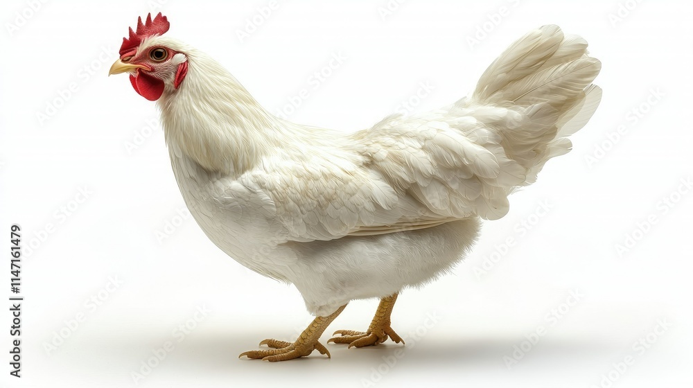 Fototapeta premium A side view of a white chicken with a fluffy body and vibrant red comb.