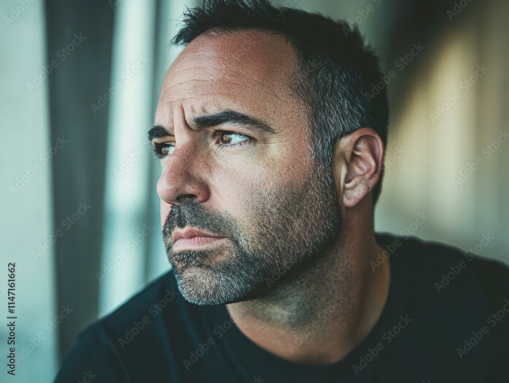 Fototapeta premium A thoughtful man gazes into the distance. AI.