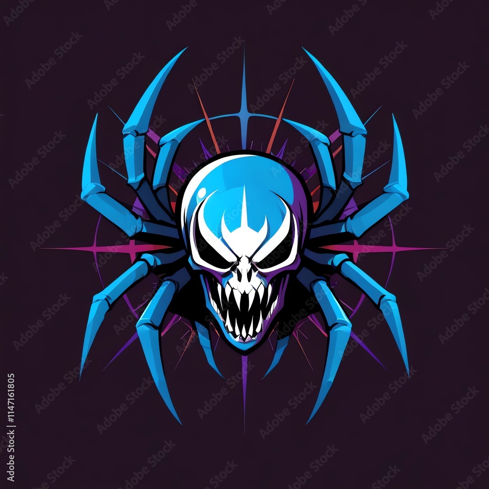 Obraz premium Cyberpunk Spider Skull: A digital illustration of a skull with spider-like legs, in vibrant blue and purple hues, against a dark background. A striking piece of digital art.