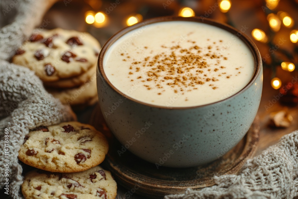 Cozy christmas eve with eggnog and chocolate chip cookies by the fireplace Cozy christmas eve with eggnog and chocolate chip cookies by the fireplace