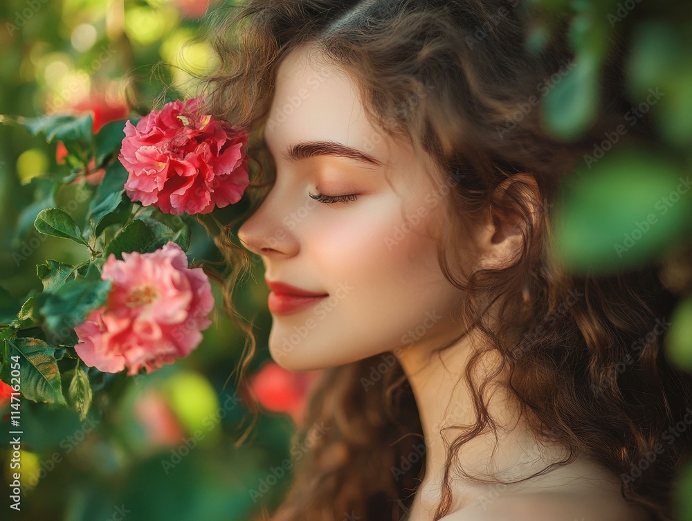 Naklejka premium Woman with curly hair surrounded by roses. AI.