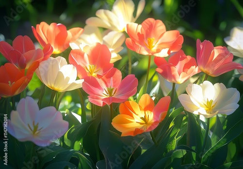 Sunlit orange and white tulips in a garden.