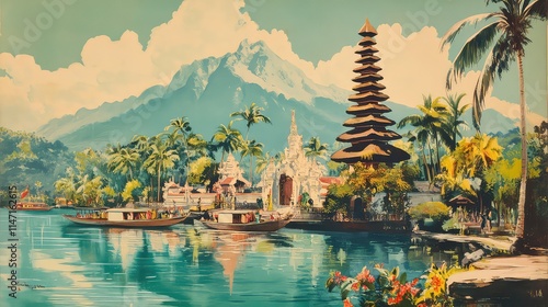 Illustration Of A Travel Poster For A Trip To Bali Island, Generative AI