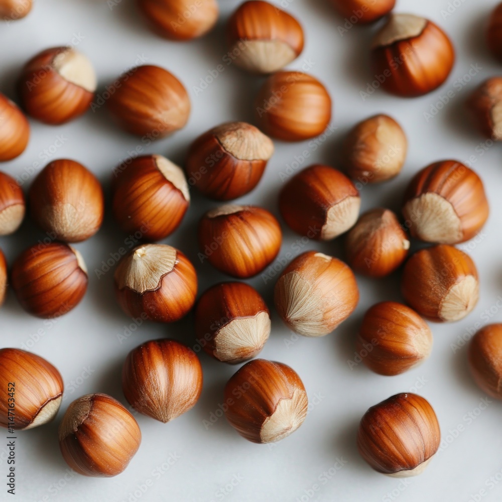 Scattered hazelnuts on a light surface. Scattered hazelnuts on a light surface.