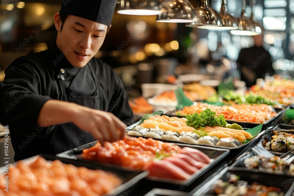Asian chef arranging sushi and sashimi on trays at a japanese restaurant buffet Asian chef arranging sushi and sashimi on trays at a japanese restaurant buffet