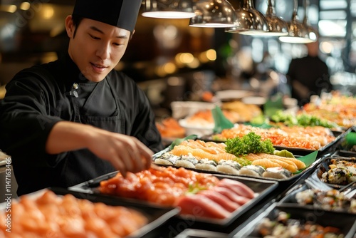 Asian chef arranging sushi and sashimi on trays at a japanese restaurant buffet