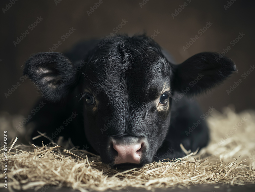 Fototapeta premium Neugeborenes Kalb ruht im Stroh