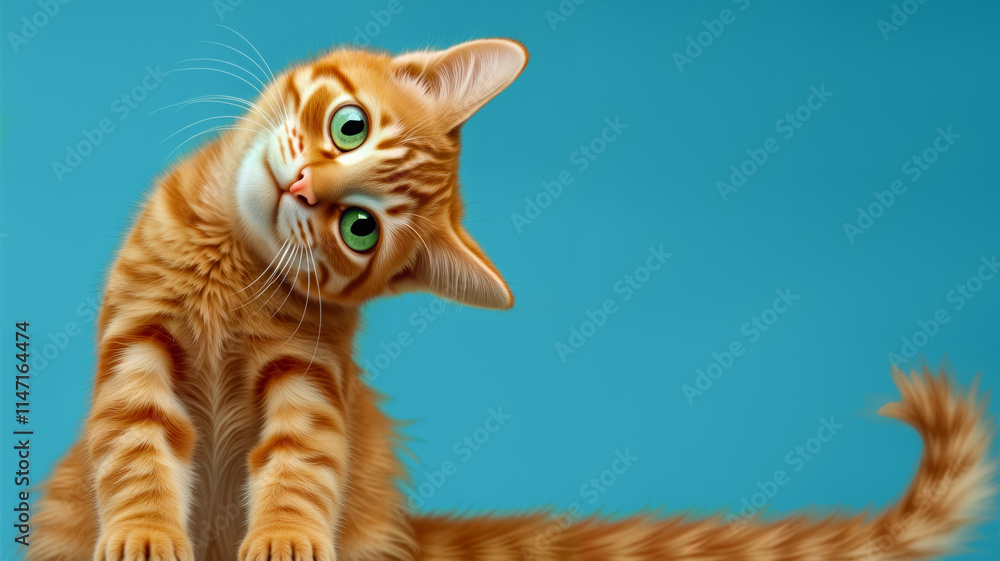 Obraz premium An adorable orange tabby kitten tilts its head with wide curious eyes against a vibrant blue background. Perfect for pet-related marketing, social media, and children's products, copy space, blank