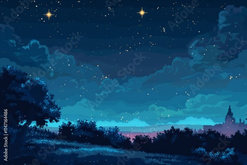 A serene night sky filled with stars, over a tranquil landscape with clouds and distant structures.