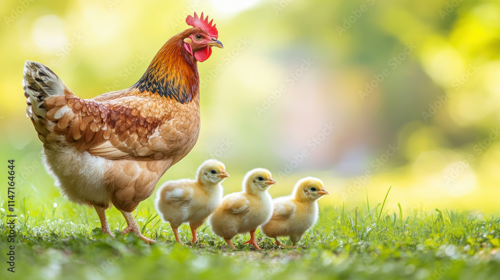Fototapeta premium Soft-focus image of a mother hen with her fluffy chicks walking across clean, green grass, symbolizing natural growth and poultry health. 