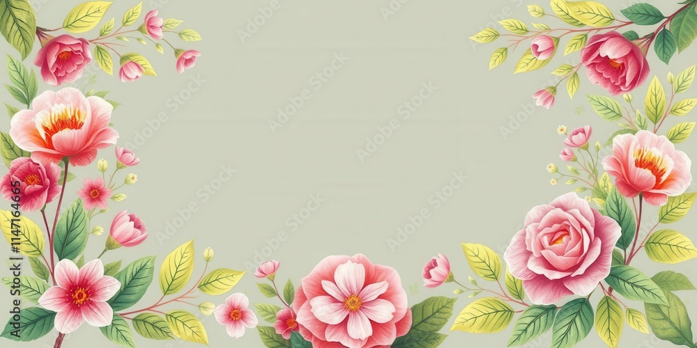 Fototapeta premium A beautiful frame made up of delicate rose flowers and leaves, natural, floral design, flower