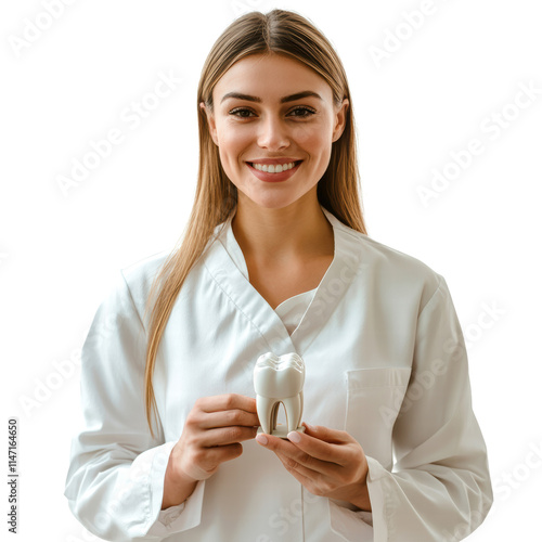 Portrait of a smiling female dentist holding a tooth model, on transparent background PNG