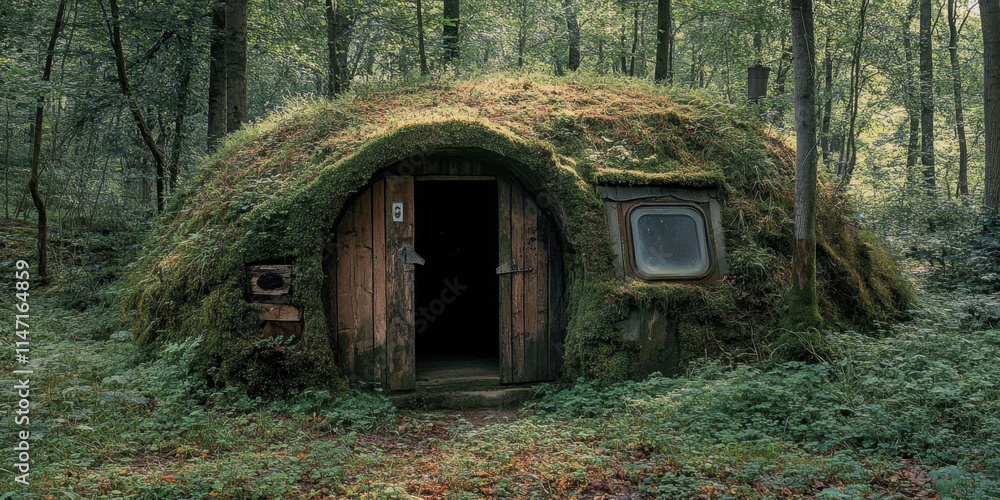 Exploring a rustic bunker shelter in a forest for safety and survival Exploring a rustic bunker shelter in a forest for safety and survival