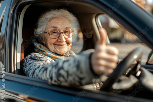 Close-up portrait of an elderly woman sitting in the driver's seat of a car, showing a thumbs up with a beaming smile. active seniors