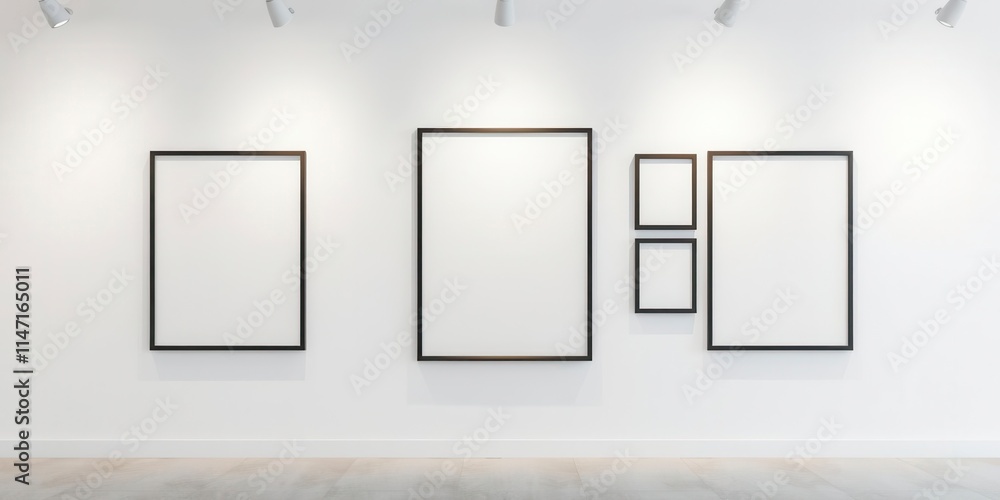 A collection of hanging gallery frames mockups in various sizes and styles against a white wall background, template, exhibition, design A collection of hanging gallery frames mockups in various sizes and styles against a white wall background, template, exhibition, design