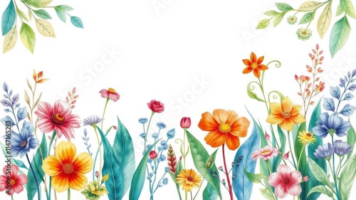 Beautiful watercolor illustration of colorful flowers in bloom, nature, creative, plants