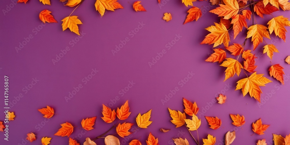 Dry orange metallic leaves arranged in a repetitive pattern on a violet background, background, leaves Dry orange metallic leaves arranged in a repetitive pattern on a violet background, background, leaves
