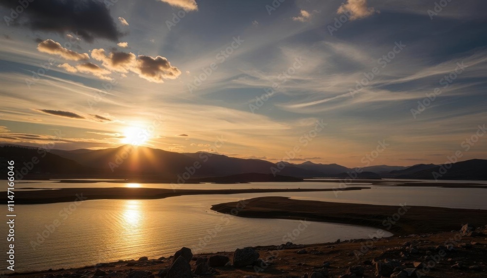 Obraz premium view of a lake with a sunset in the background