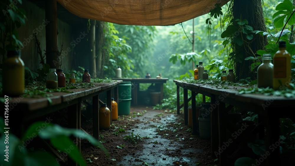 Fototapeta premium Jungle cocaine lab with coca leaves, barrels, and makeshift tools under a green tarp. Dense foliage and humid air highlight the secrecy of this illicit operation