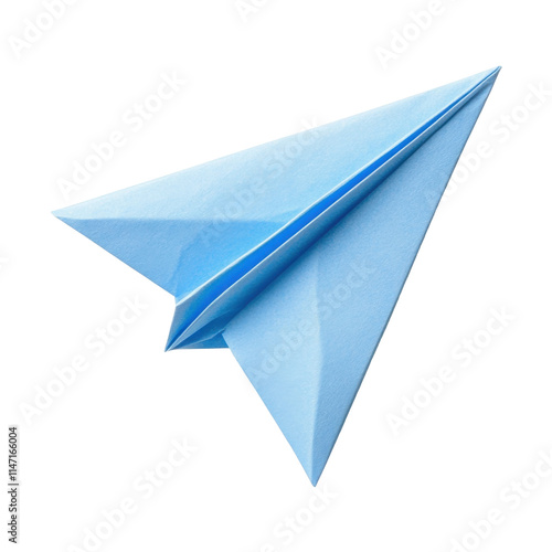 Flying high blue paper airplane indoor digital art minimalist design close-up perspective creativity concept, transparent background